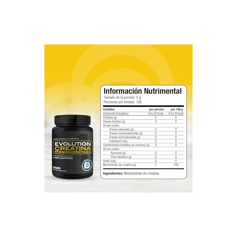 EVOLUTION, Creatina Monohidratada, Suplemento Alimenticio, 100 Porciones, 500g, Sin Gluten,