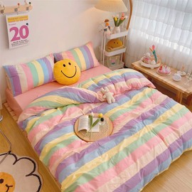 Koudi Colourful Girls' Bed Linen 135 x 200 cm Children's Bed Linen Multicoloured Rainbow Stripes Pattern Duvet Cover Zip with Pillowcase 80 x 80 cm