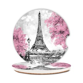 Paris Eiffel Tower Oil Painting Car Coasters 2 Pack Car Cup Holder,Absorbent Ceramic Coaster with Cork Back and Finger Slot,Cup Holder Accessories for Women & Men