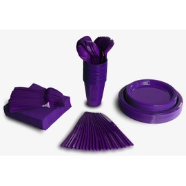 350 PCS Disposable Tableware Combo Pack INCLUDES: 50 9" Purple Plastic dinner plates | 50 7" plastic appetizer plates |50 plastic cups | 50 paper napkins | 50 plastic cutlery spoons forks & knives
