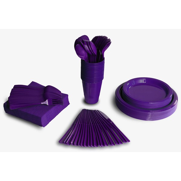 350 PCS Disposable Tableware Combo Pack INCLUDES: 50 9" Purple Plastic dinner plates | 50 7" plastic appetizer plates |50 plastic cups | 50 paper napkins | 50 plastic cutlery spoons forks & knives