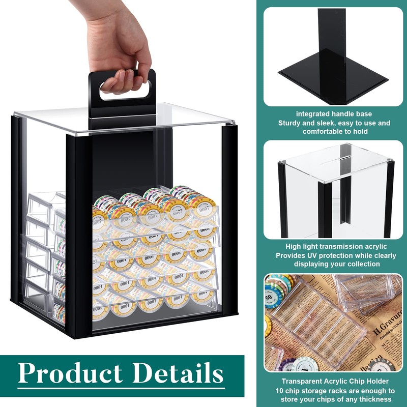 Hiboom 1 Pack Acrylic Poker Chip Case, 1000 Pcs Chips