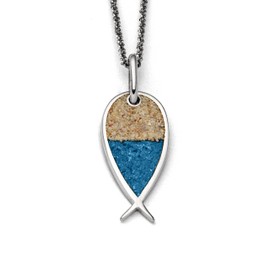 DUR Anhänger Fisch für Halskette aus 925 Sterling Silber mit Strandsand und blauem Steinsand veredelt, Beige/Blau, 34x 13 mm, P3989