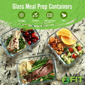 1 & 2 & 3 Compartment Glass Meal Prep Containers (3 Pack, 35 oz) - Glass Food Storage Containers with Lids, Glass Bento Box Containers, Portion Control, Airtight, Oven & Freezer safe, BLACK Lids