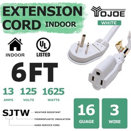 YOJOE Flat Plug Indoor Extension Cord 6 ft, 3 Prong 13A Power Extension Cord, 16 Gauge Heavy Duty White Extension Cord for Garage, Garden and Home, 16/3 SJTW Flat Plug Wall, UL Listed