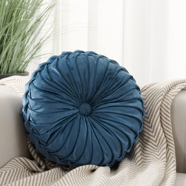 MOJUN Round Throw Pillow Round Velvet Pillow Pleated Round Filled Pillow Home Decorative Throw Pillow Cushion for Couch Chair Bed Car Floor (Blue, 14inch)