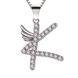 B.Catcher Women Necklaces Cubic Zirconia Jewellery, Initial Pendant S925 Sterling Silver Alphabet Necklace(Wing K)