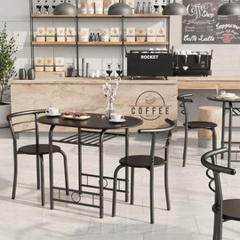 Shahoo 3-Piece Wooden Dining Table Set, Kitchen Breakfast Nook Sets with 2 Chairs & Round Tabletop, Space Saving Furniture Metal Frame and Built-in Wine Rack, Black