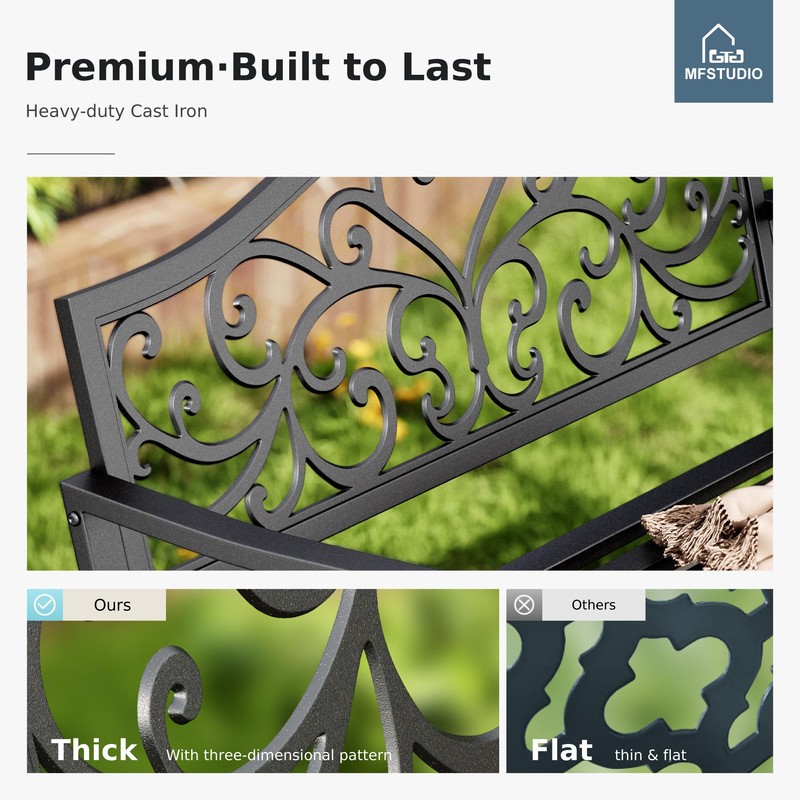 MFSTUDIO 43.7 Inches Outdoor Garden Bench, Cast Iron Metal Frame