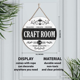 Craft Room Door Decor Sign, Black and White Craft Room Round Wood Hanging Sign Wall Decor, Farmhouse Decorations for Office Craft Room Gifts for Crafter Craft Lovers Women Men, Make With Love