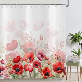 ASDCXZ Flowers Shower Curtain 180 x 200 cm, Spring Hand-Painted Red Rose Flowers Green Leaves White Bathroom Washable Shower Curtains Polyester Textile Waterproof Bath Curtain for Bath with 12 Hooks