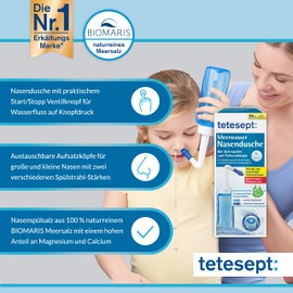 tetesept Sea Water Nose Shower for Runny Nose and Pollen Allergy - Includes 4 Bags of Nasal Rinse Salt - For Nasal Rinse with Two Interchangeable Attachments Also Suitable for Children