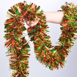ORG 49.2ft Gold Red and Green Christmas Tinsel Garland Glitter Metallic Twist Tinsel Hanging Garland for Birthday Christmas Trees Wedding Birthday Party Supplies Indoor and Outdoor Decorations