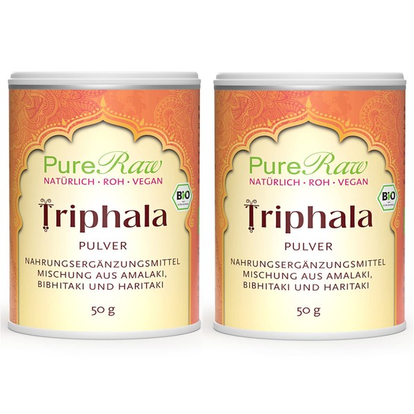 Triphala Powder Organic (Raw Vegan) Three Fruit Powder Amla Amalaki Haritaki Bibhitaki Three Myrobalane Fruits - Indian Spices Ayurveda Nutrition - Organic Raw Triphala Powder | PureRaw 100 g (= 2 x 50 g)