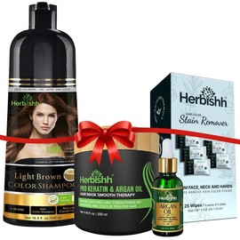 Herbishh 4-in-1 Hair Care Gift Set for Women & Men – Light Brown Hair Dye Shampoo, Stain Remover Wipes, Argan Hair Mask & Hair Oil – Gift for Parents, Christmas, Birthdays & Special Occasions