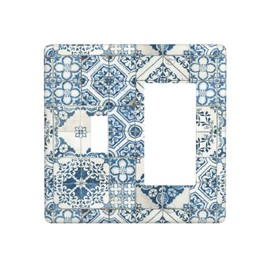Retro Blue Tile 2 Gang Single Toggle/Rocker Combination Light Switch Cover Decorative Wall Plate Electrical Faceplate Farmhouse Kitchen Decorate 4.5" x 4.5