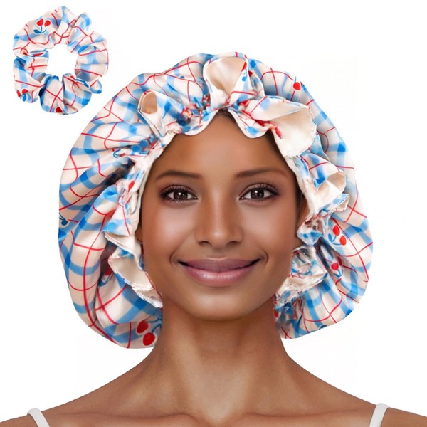 Vettres Floral Satin Bonnet with Scrunchie Set,Double Layer Ruffle Reusable
