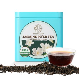 Essencesip Jasmine Puerh Tea - Black Ripe Pu Erh Loose Leaf Teas Scented with Jasmine Blossom - 5oz sampler in tin, Floral Aroma, Smooth Pu-erh Flavor, Low Astringency