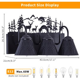 Rustic 3-Light Black Vanity Light Fixtures with Deer Design, E12 Base Farmhouse Bathroom Lighting for Mirror, Cabinet, or Dressing Table (Small, Bulb Not Included)
