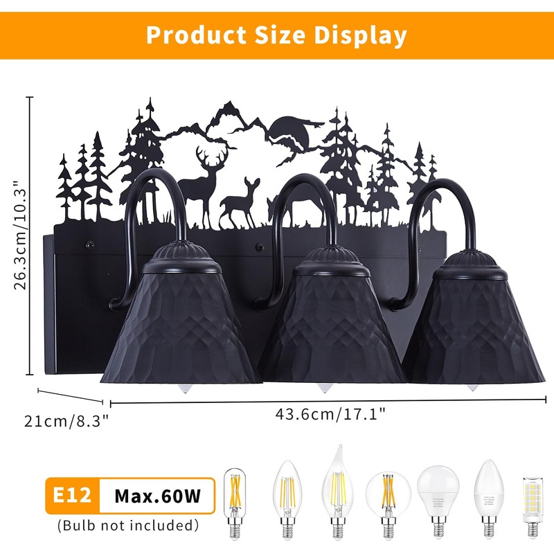 Rustic 3-Light Black Vanity Light Fixtures with Deer Design, E12