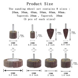 Cheerwe 40 Pack Abrasive Flap Wheel Sander, 80 Grit 1/4 Inch Shank Mounted Sanding Wheel for Drill, Aluminum Oxide Flap Sanding and Cone Shape Sandpaper Wheels for Grinding and Polishing, 8 Sizes