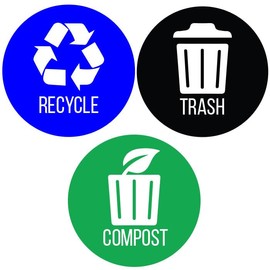 iTouchless Recycle, Trash & Compost Premium Vinyl Stickers for Trash Can/Recycle Bin/Compost Bin; 4" Round Waterproof, Reusable (Set of 3); Indoor/Outdoor (4"x4")