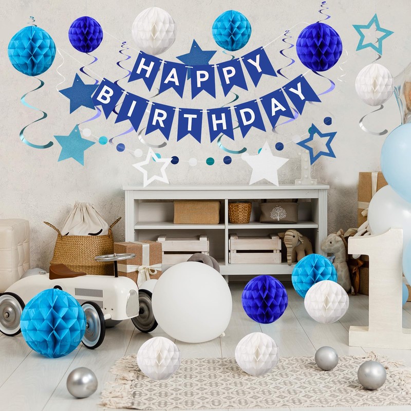 Biubumtu Blue Birthday Decorations- Happy Birthday Banner Sign with Honeycomb