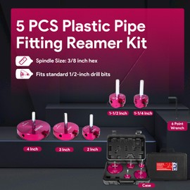 5 Piece Plastic Pipe Fitting Reamer Kit Fit into Standard 1/2" Drills Contains 1-1/4 Inches, 1-1/2 Inches, 2 Inches, 3 Inches and 4 Inches for PVC, SCH40, ABS, CPVC