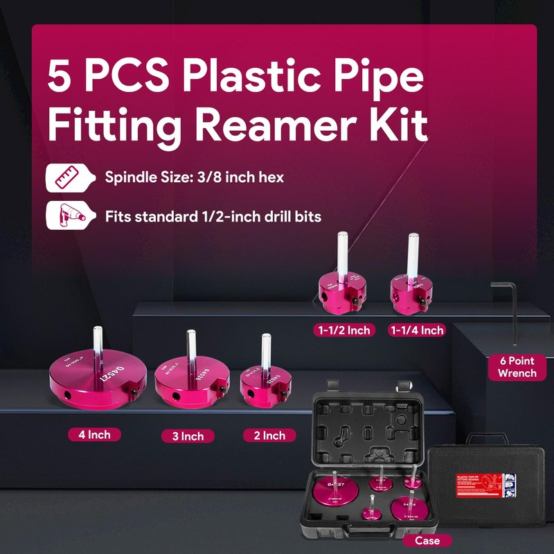 5 Piece Plastic Pipe Fitting Reamer Kit Fit into Standard