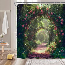 WANVYON Garden Floral Shower Curtain Green Forest Floral Rose Path Romantic Nature Spring Landscape Bathroom Decor Polyester Curtains with Hooks