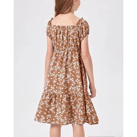 Poploli Girls Summer Dress Kids Floral Square Neck Puff Sleeve A-Line Midi Dresses Orange