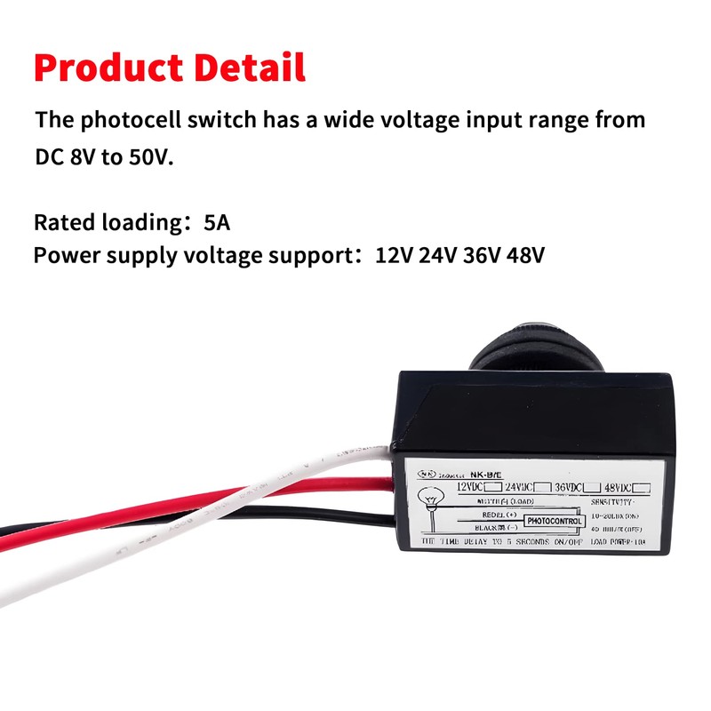 DC 8-50V Photoelectric Switch,12V/24V/36V/48V Direct Current Photocell Switch,Dusk to Dawn