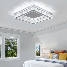 Finktonglan Modern Square Crystal LED Ceiling Lights 17.7 inch Flush Mount Ceiling Light Fixture Stainless Steel Chandelier Ceiling Lamp for Living Room Bedroom Dining Room, 6000K, 34 Watts
