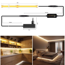 TTWAY COB LED Strip 2 m, 2700 K Warm White LED Strip with Power Supply and Remote Control, DC24 V, 480LEDs/M, CRI 90+, 8 mm Width, Dimmable Light Strips for Bedroom Decoration