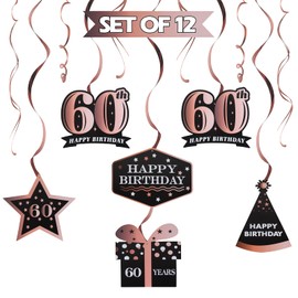 LINGTEER Happy 60th Birthday Decorations - 12Pcs Birthday Black & Rose Gold Swirls Streamer Set,Cheers to Sixty Years Old Bday Party Decorations Gift Sign.