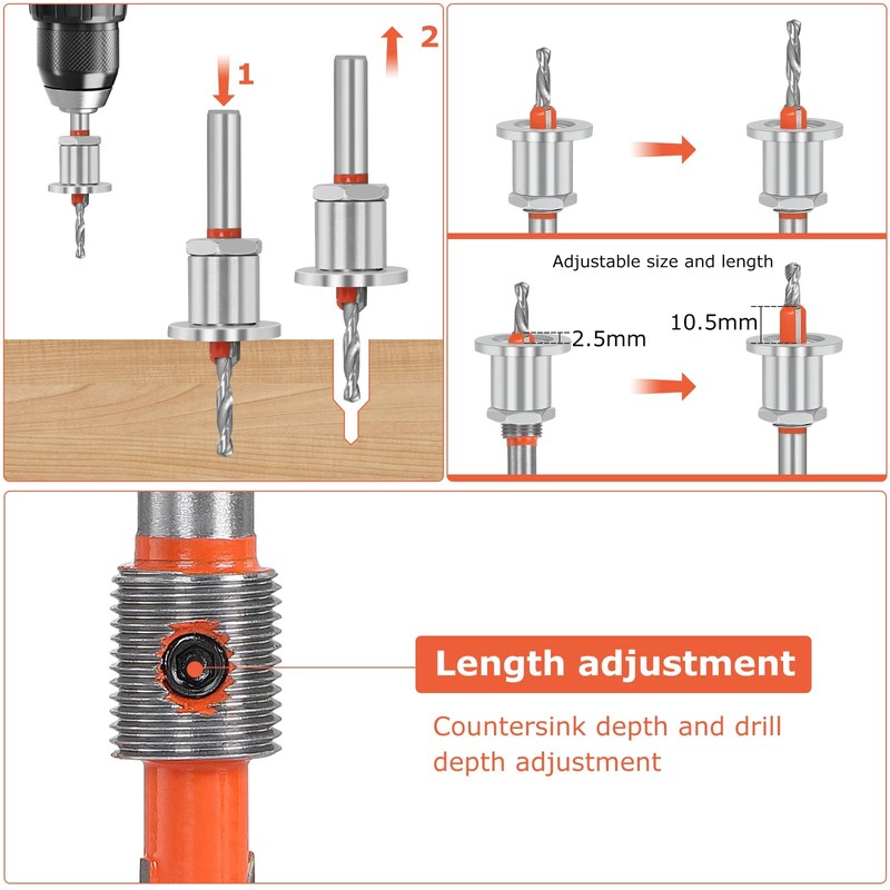 SUPAWAY 6-Piece Countersink Drill Bit Set, 8 mm Round Shank,
