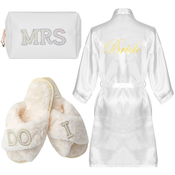 Foaincore 3 Pcs Bride Gifts Bride MRS Makeup Bag Bride Slippers Bride White Robe PU Leather Bride Makeup Bag with Pearl Rhinestone and Zipper Bachelorette Gifts for Bride Party