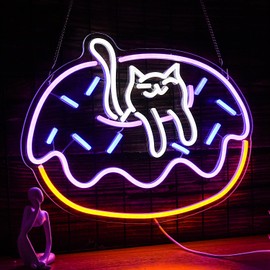 BNEMCEZH Cat Donut Neon Sign LED Donut Food Neon Light Dimmable Cool Cat Light Up Sign for Bakery Dessert Shop Bedroom Decor Cute Donut Cat Anime Sign Light (16.5 * 12.6 In)