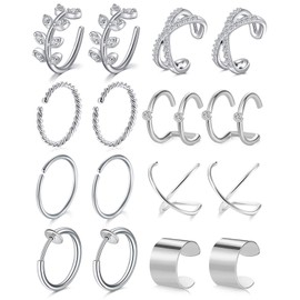 Longita Fake Earrings Ear Cuff Earrings for Women non Piercing Ear Clip On Fake Cartilage Earring Hoop Crossed Conch Helix Hoop Earrings Fake Cartilage Silver