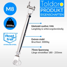 Toldoro® 4 x M8 Turnbuckle Tensioner Stainless Steel V4A / Awning Tensioner, Turnbuckle, Cable Tensioner, Wire Tensioner Fork as Awning Accessories/Closed Shape