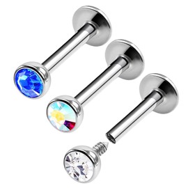 KJM Fashion 3 x Stainless Steel Labret Earrings 1.2 mm 16 g Crystal Ball, Metal