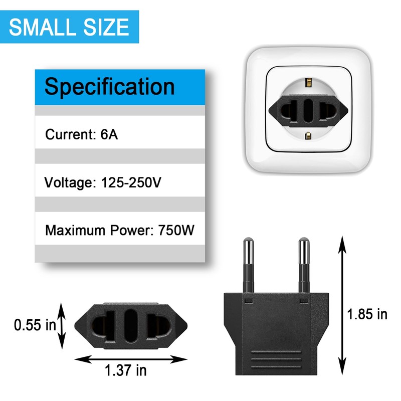 6 Pack US to European Travel Plug Adapter- Type C