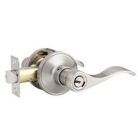 Knobonly 4 Pack Satin Nickel Entrance Door Handle, Wave Style Reversible Keyed Entry Door Lever for Exterior Use, Keyed Alike