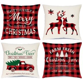 Ueerdand Christmas Decorations Pillow Covers 20×20 Set of 4 Black and Red Xmas Farmhouse Buffalo Plaid Truck Throw Pillow Case for Holiday Home Sofa Couch