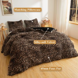 XeGe Fluffy Faux Fur Cheetah Print Duvet Cover Set, Brown and Black, Queen