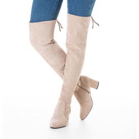N.N.G Over the Knee Boots for Women Cream Size 10 Lace Up Suede Thigh High Fashion Block Winter Long OTK Stretch Ladies Pointed Toe