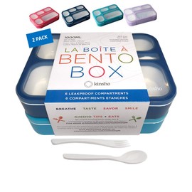 Bento-Box Lunch Boxes for Kids, Boys, Adults. Leakproof Lunch Set, Bentoboxes for School or Work. Portion Containers. BPA Free. 6 Compartments. Fork & Spoon. Blue & Navy Blue Large