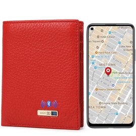 Clever Anti-Lost Wallet with Alarm, Bluetooth, Position Record (via Phone GPS) Tracker Item Finder, Bifold Cowhide Leather Locator Intelligent Trackable Minimalist Credit Card Purse (Red, Vertical)