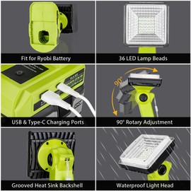 GRVODFRTA 25W 2000LM Cordless LED Work Light Compatible with Ryobi One 18V Battery Portable Flood Lights for Outdoor Indoor Workshop Job Site, LED Floodlight with Pivoting Head/USB Port(No Battery)