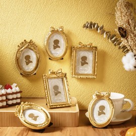 Beeveer 6 Pcs Vintage Small Gold Picture Frames Antique Resin Photo Frame Set with Glass Backboard for Tabletop Display or Wall Hanging Ornate Baroque Decor for Home Wedding Gallery Hotel(Elegant)